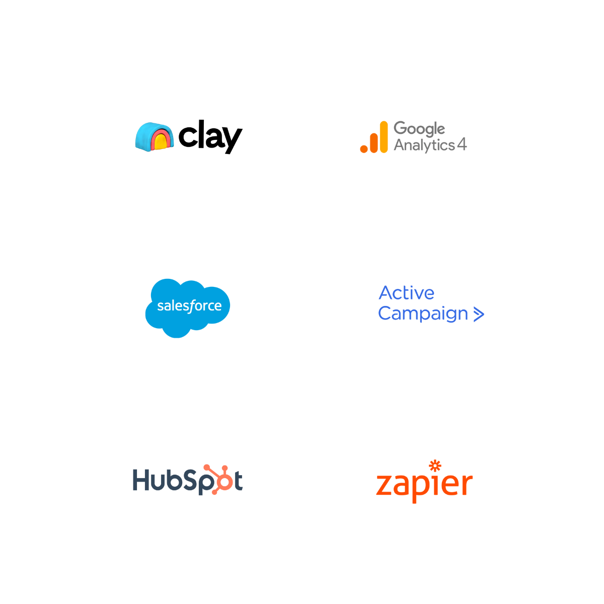 Logos of Clay, Google Analytics 4, Salesforce, ActiveCampaign, HubSpot, and Zapier – tools we use for automation, CRM, and revenue operations.