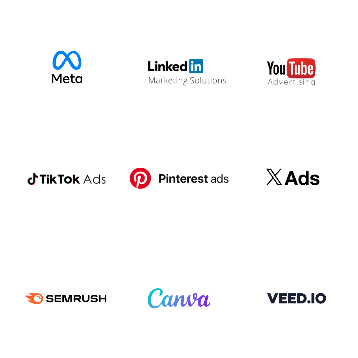 Logos of Meta, LinkedIn, YouTube, TikTok, Pinterest, X, SEMrush, Canva, and VEED.IO showcasing the industry-leading tools My Bright Digital uses for paid social campaigns