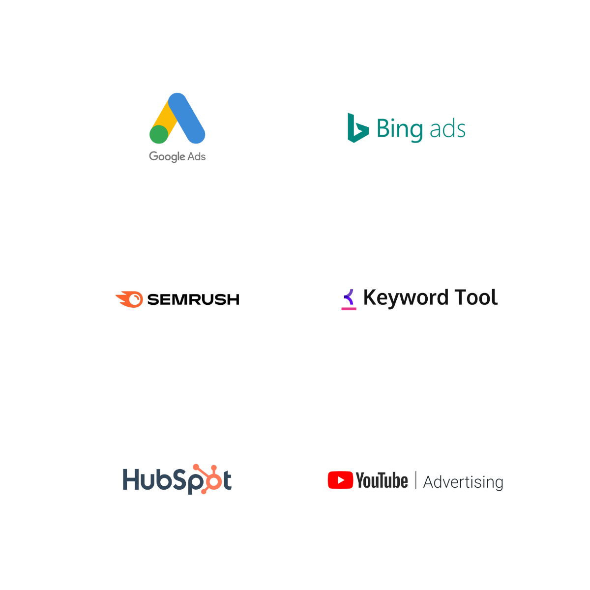 Paid search tools used by My Bright Digital – Google Ads, Bing Ads, Semrush, Keyword Tool, HubSpot, and YouTube Advertising logos