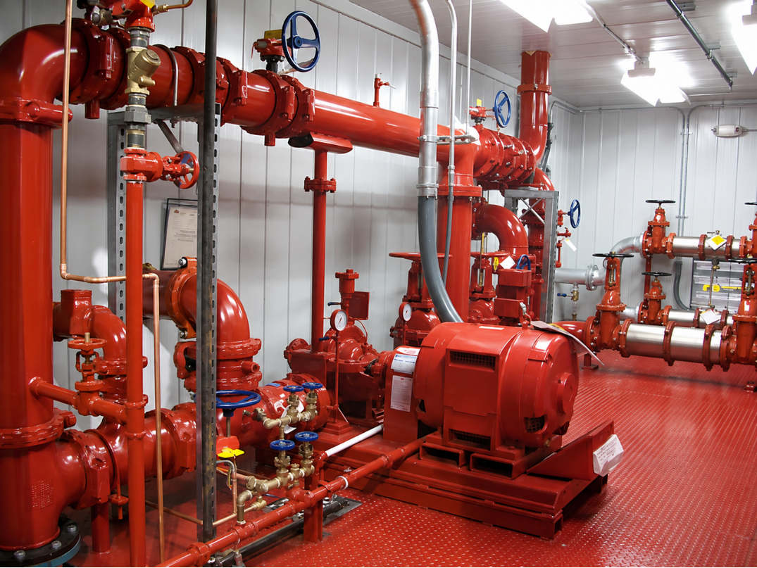Industrial red fire sprinkler system pipes, valves, motors, and gauges in a utility room.