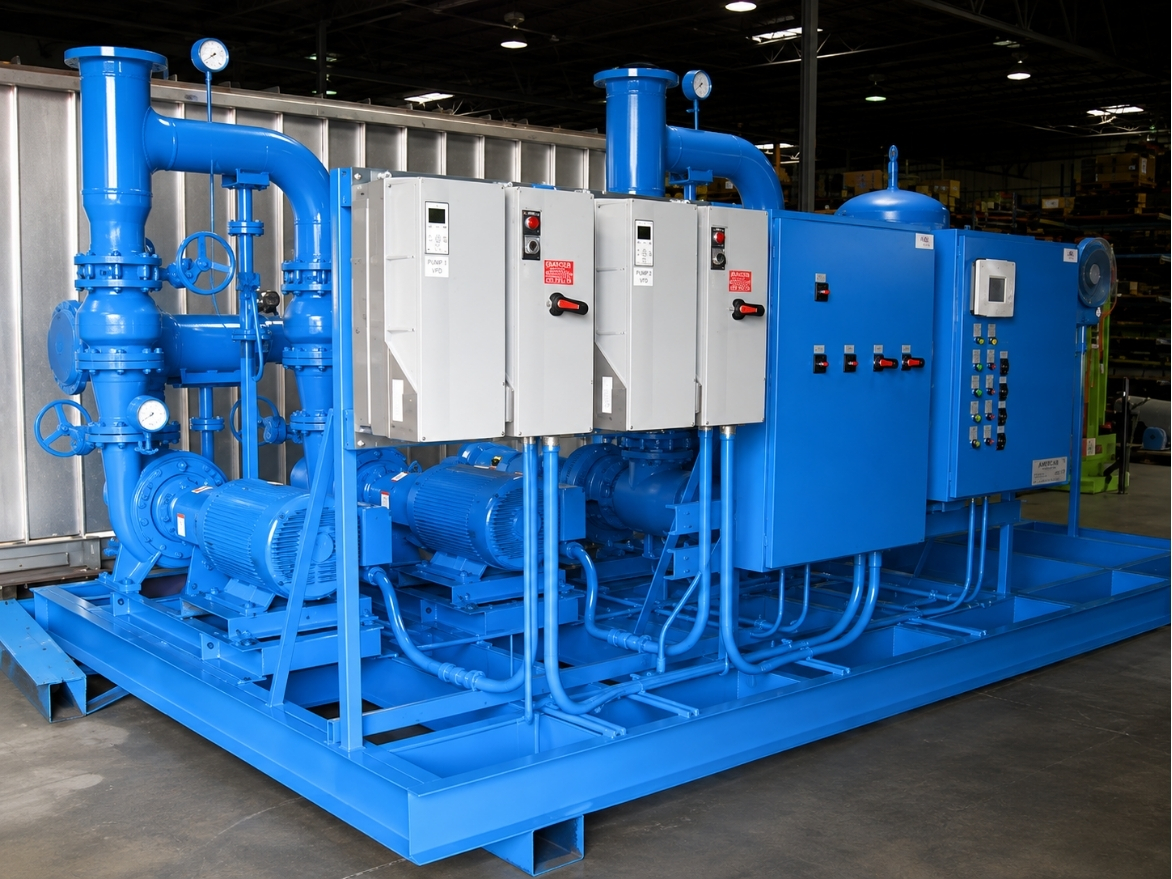 Industrial blue water pump system with motors, pipes, gauges, and control panels in a warehouse.
