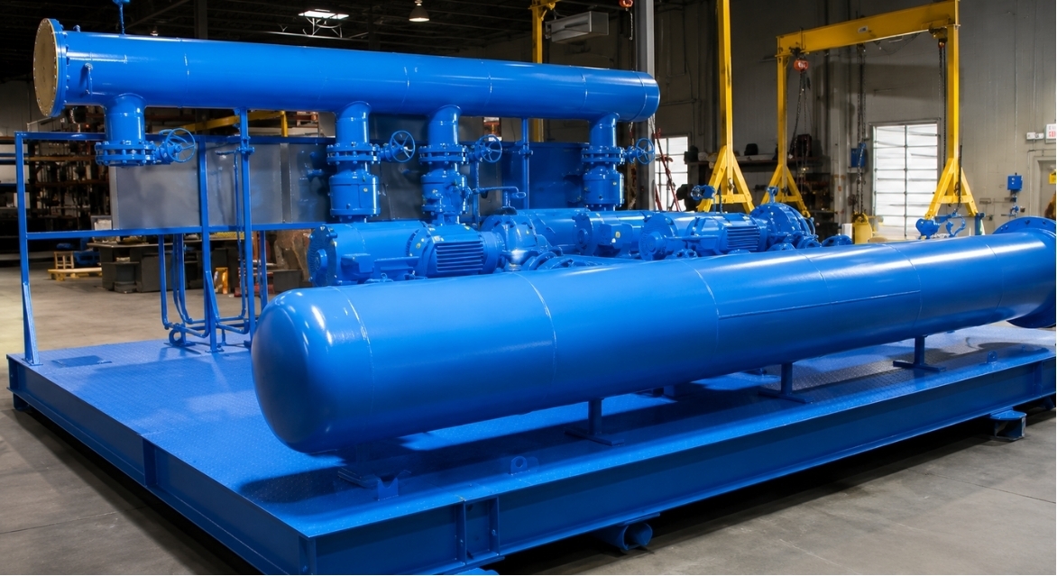 Large industrial blue machinery with pipes and valves inside a warehouse.