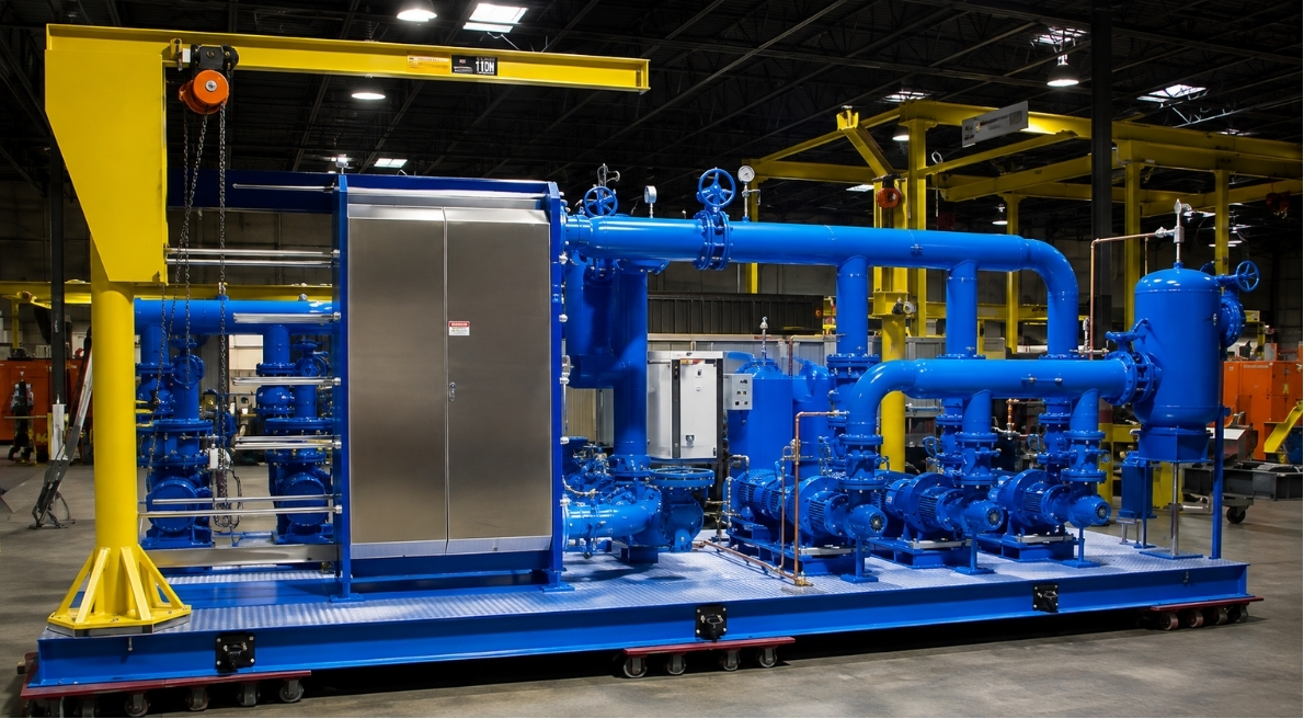 Large industrial blue pump system with pipes and valves mounted on a platform in a factory.