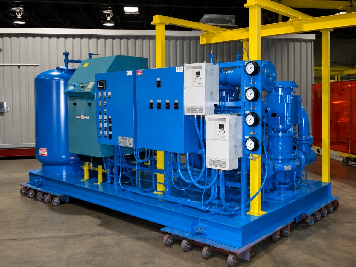 Large blue industrial machine with gauges and control panels on wheels in a warehouse.