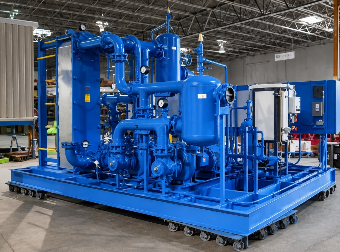 Large industrial blue piping and pump system on a wheeled metal base in a warehouse.