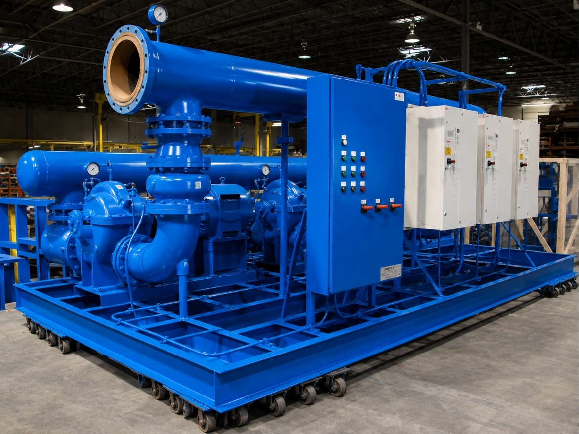 Large blue industrial pump system with gauges, control panels, and white electrical boxes on wheels in a warehouse.
