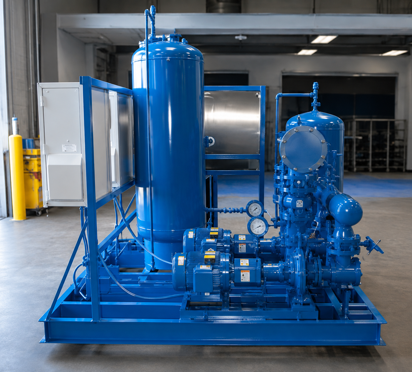 Industrial blue air compressor system with tanks, motors, gauges, and piping in a warehouse.