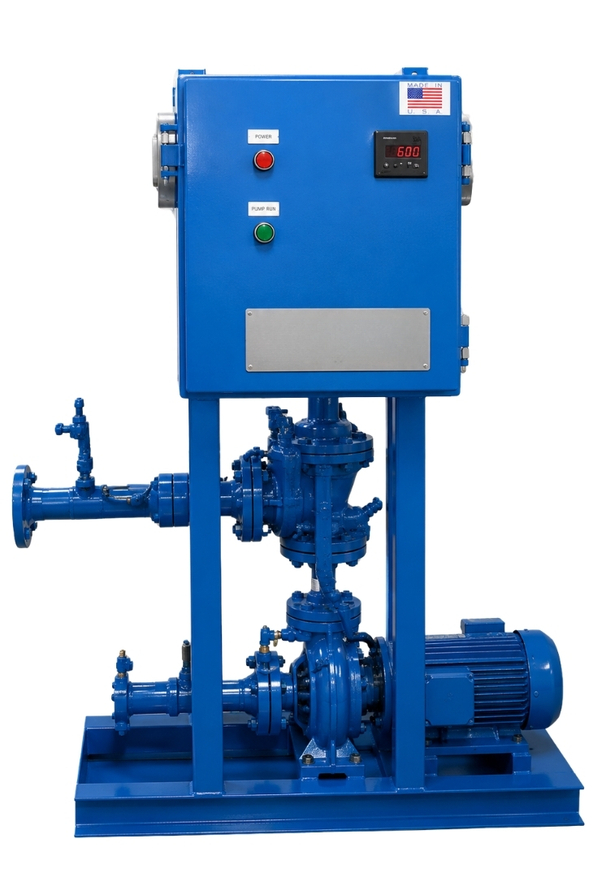 Blue industrial water pump system with control panel showing power and pump run buttons.