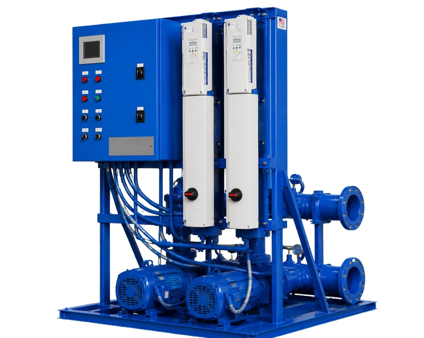 Blue industrial pump system with control panel, motors, pipes, and wiring on metal base.