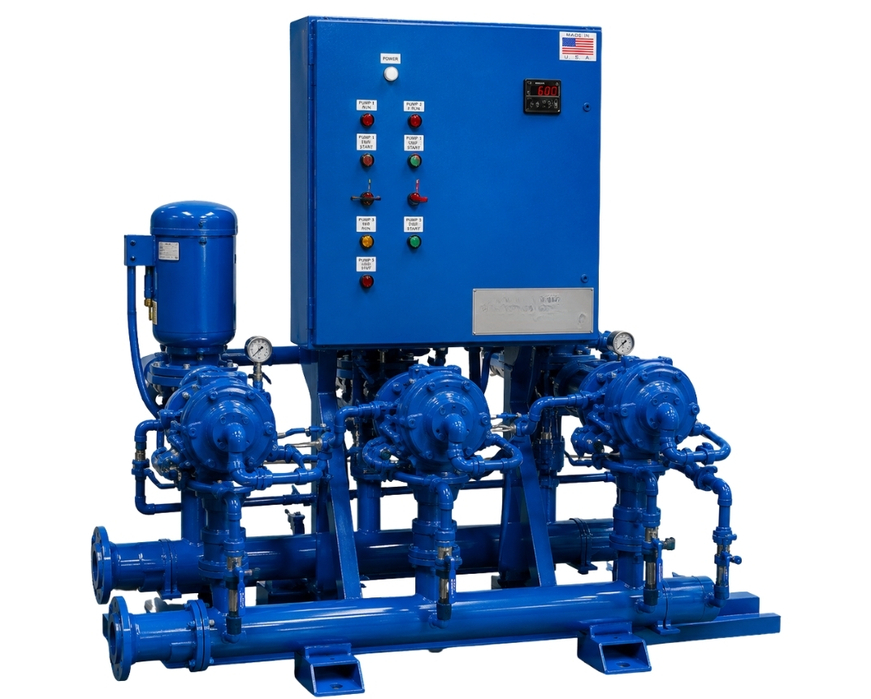 Blue industrial pump system with control panel and pressure gauges on white background.