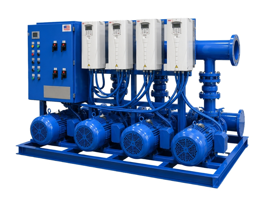 Industrial blue pump system with four electric motors and control panel on metal frame.