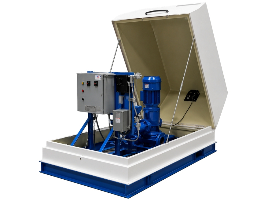 Blue industrial pump system mounted inside a white enclosure with an open lid.