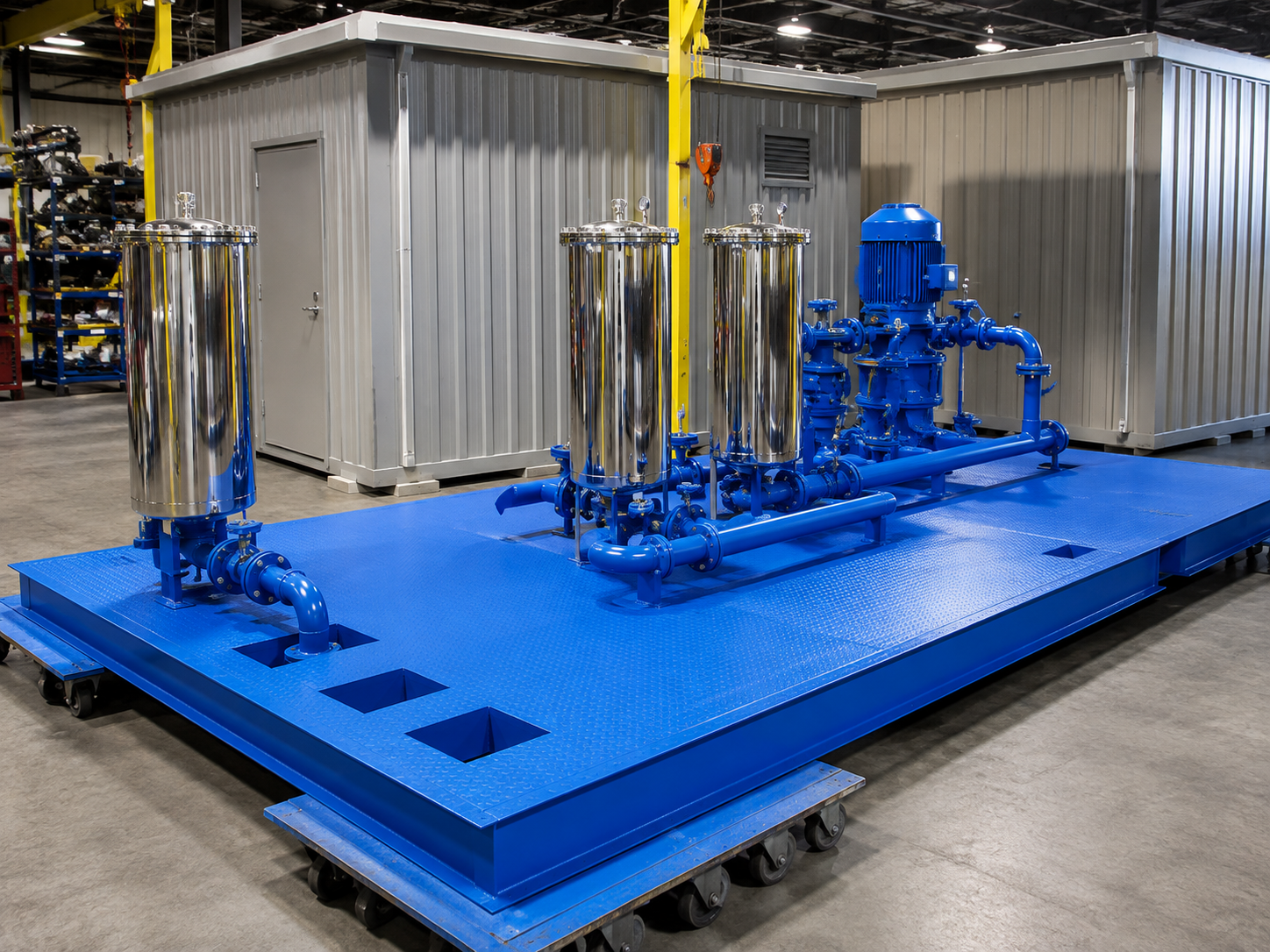 Industrial blue water filtration system with stainless steel filter tanks inside a warehouse.