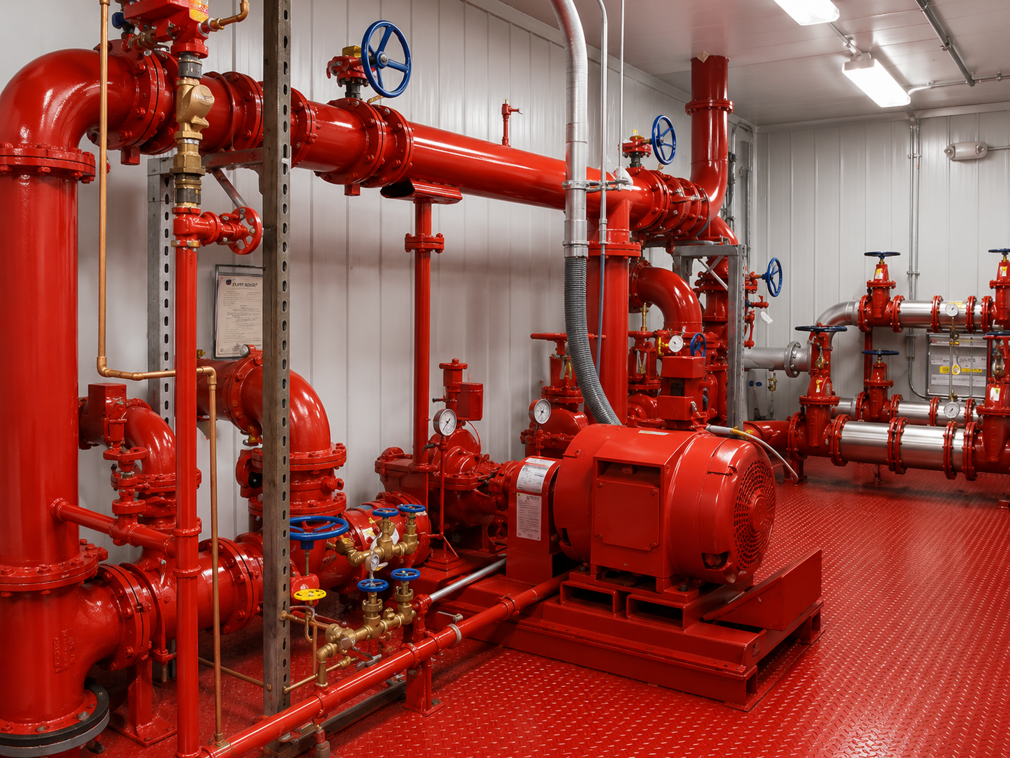 Industrial fire sprinkler pump system with red pipes, valves, and gauges inside a utility room.