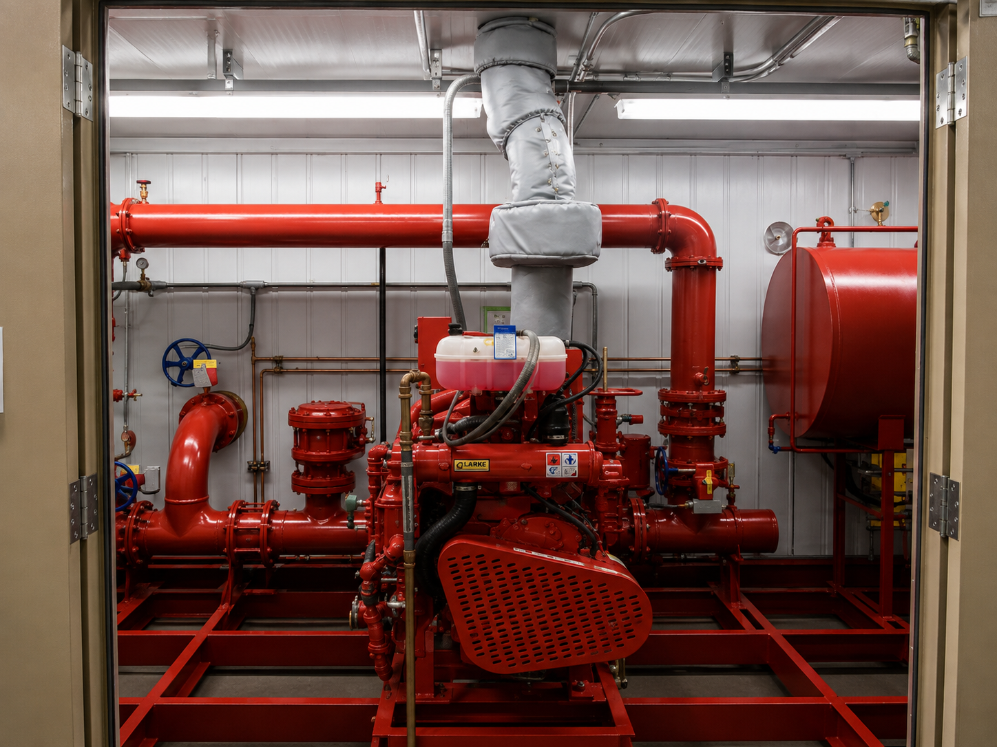 Industrial fire pump system with red pipes and a large cylindrical tank in a mechanical room.