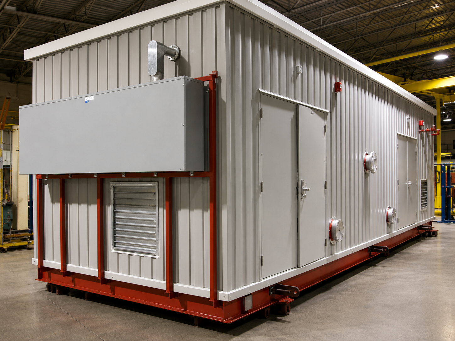 Large industrial metal container with vents and doors inside a warehouse.