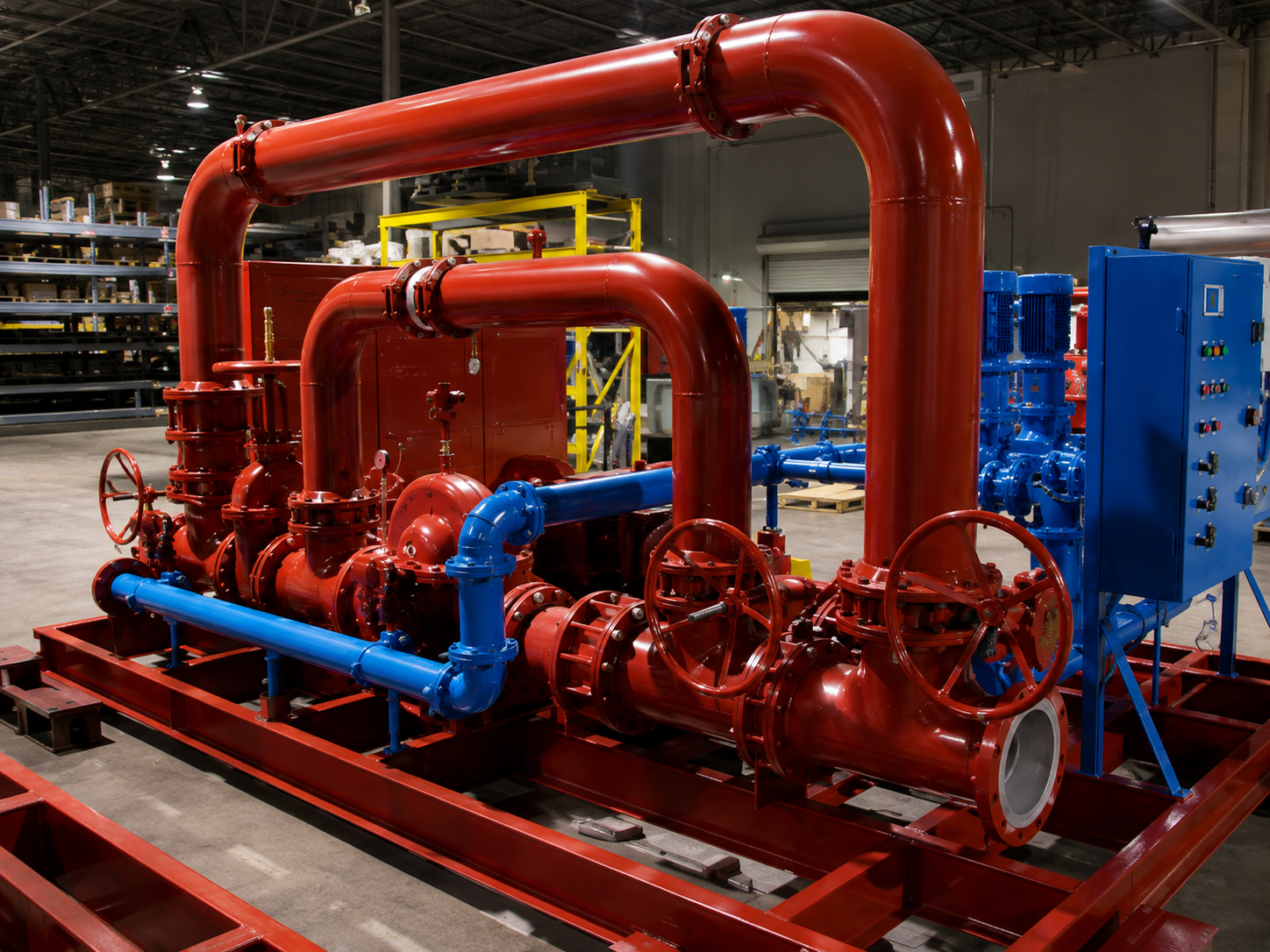 Industrial red and blue pipes and valves in a factory setting with control panel.