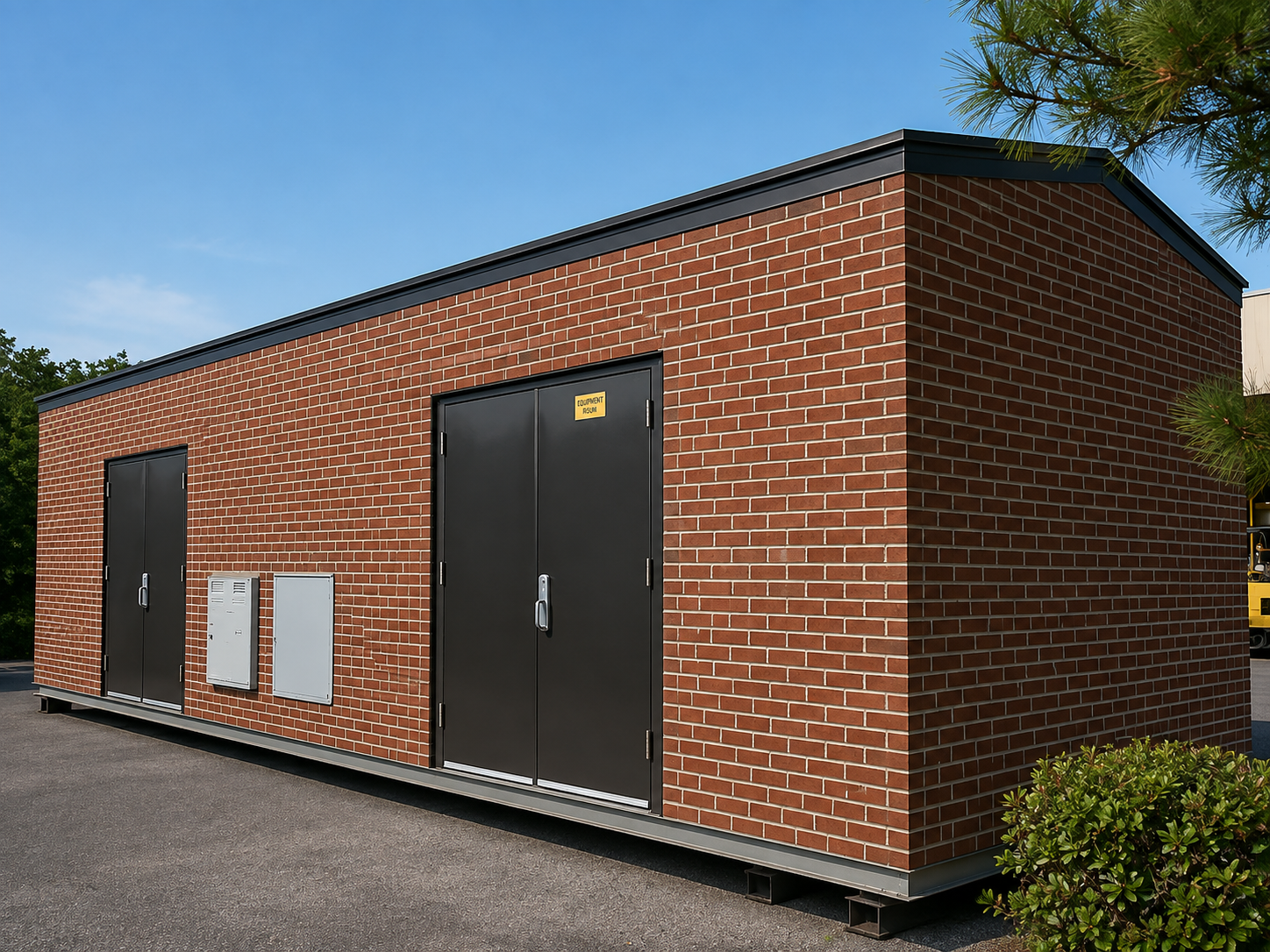 A rectangular brick building with two black metal doors and two wall-mounted gray panels outside.