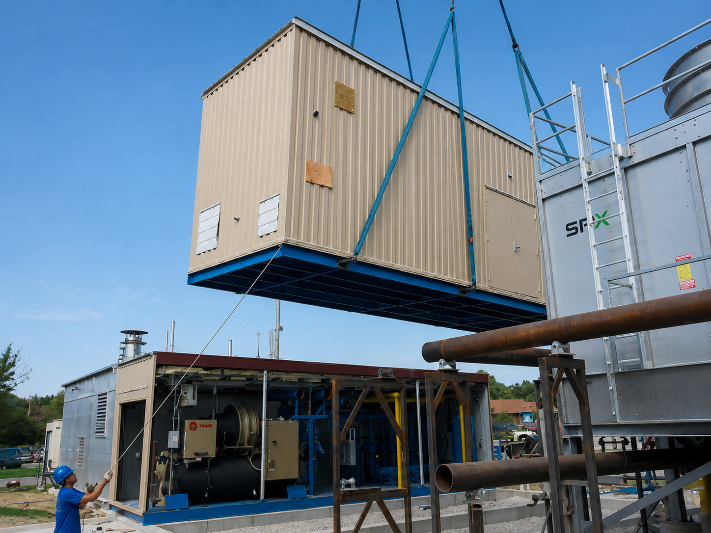 Crane lifting a large beige industrial container while a worker guides it with a rope outdoors.