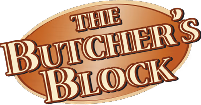 Logo with the text 'The Butcher's Block' in a bold serif font on a brown oval background.