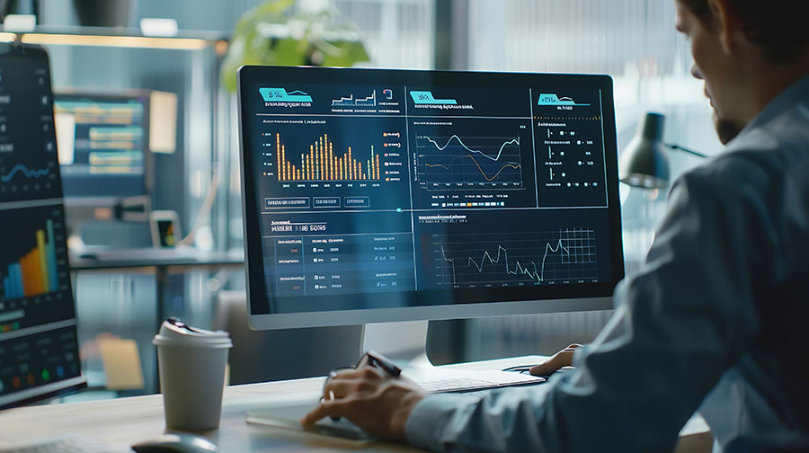 Operations leader reviewing ERP dashboard with real-time production and inventory data