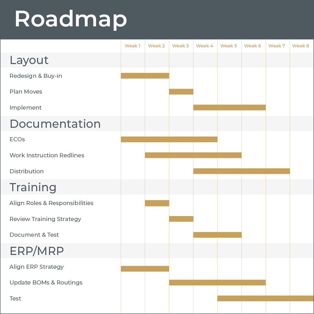 Project roadmap for transition execution with tasks across layout, documentation, training, and ERP