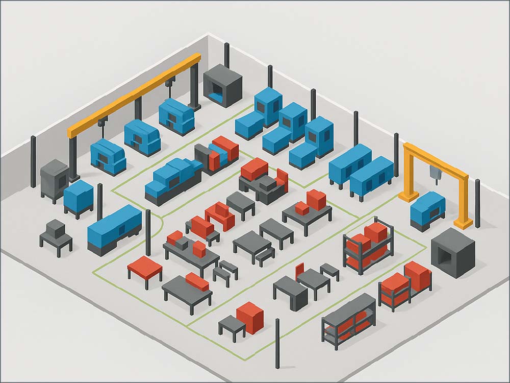 CAD model of optimized factory layout showing equipment flow and workspace efficiency
