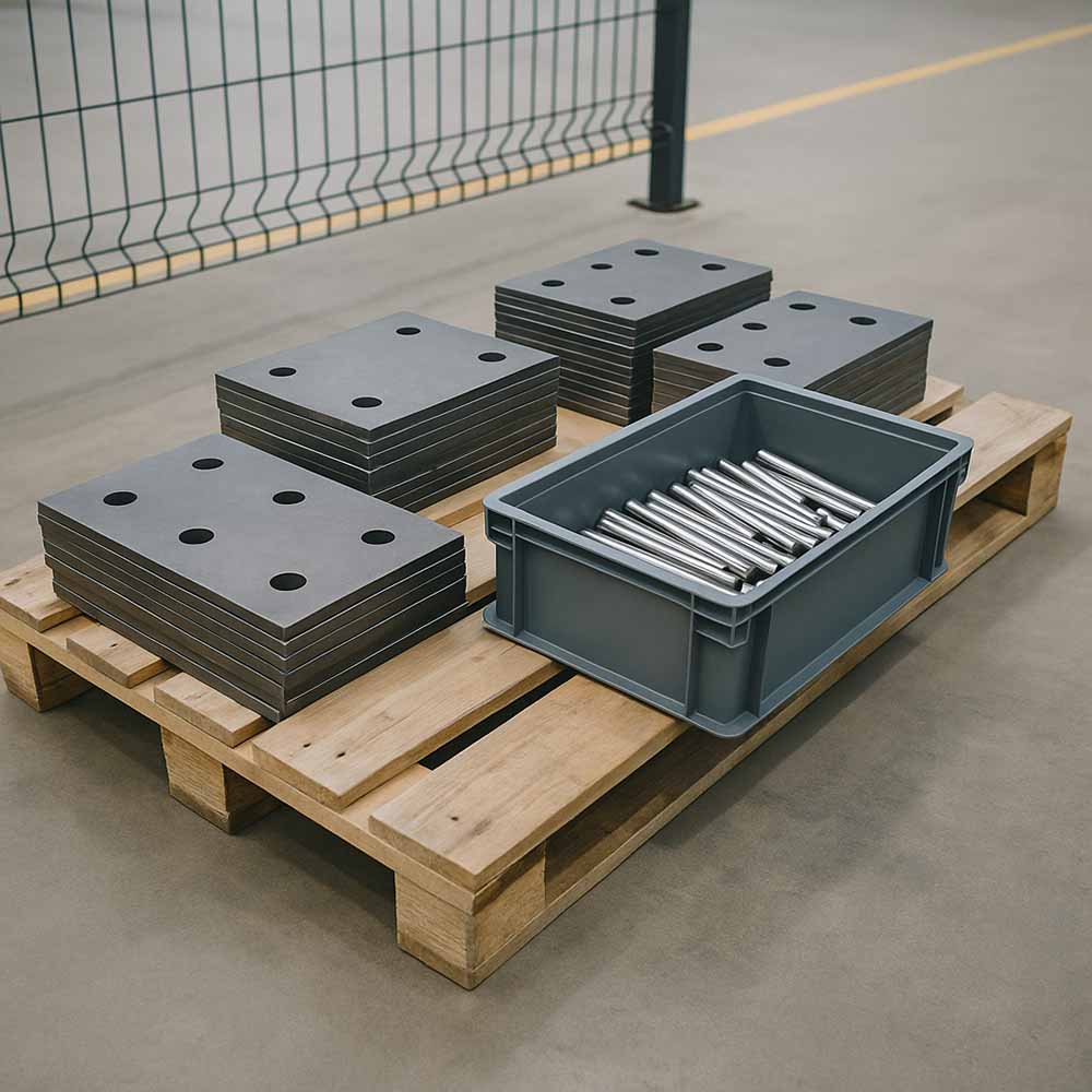 Manufacturing components staged for potential outsourcing, including metal plates and machined rods