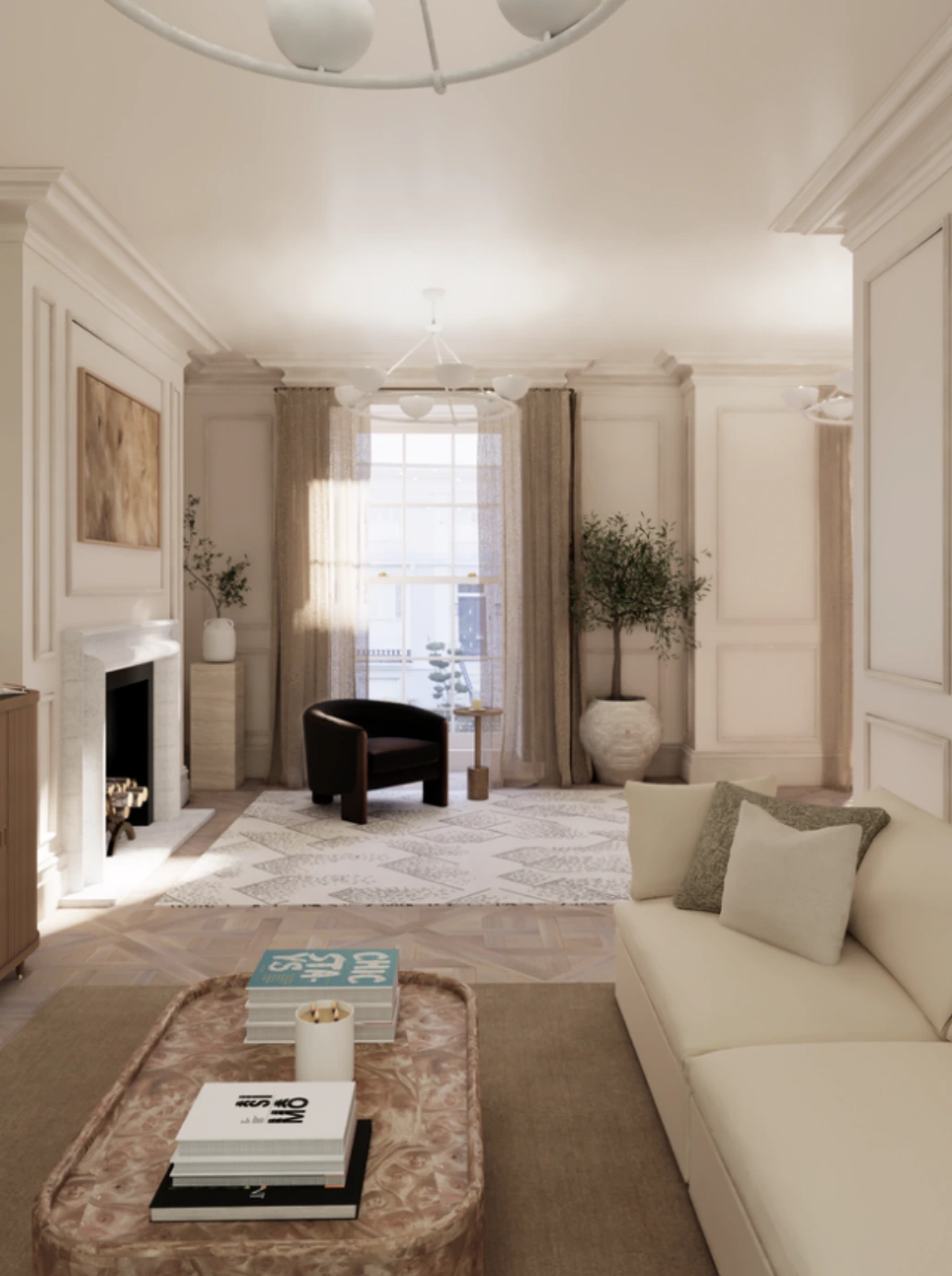 Elegant neutral-toned lounge with high ceilings and classic architectural detailing