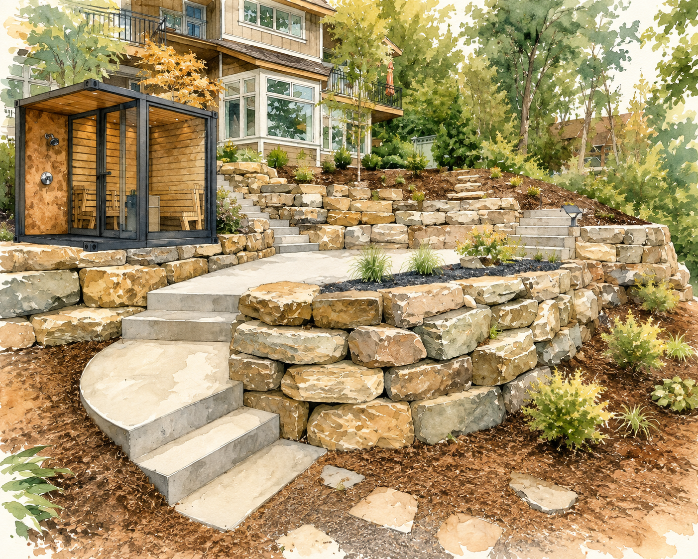 duluth mn residential landscaping project, boulder wall and sidewalk