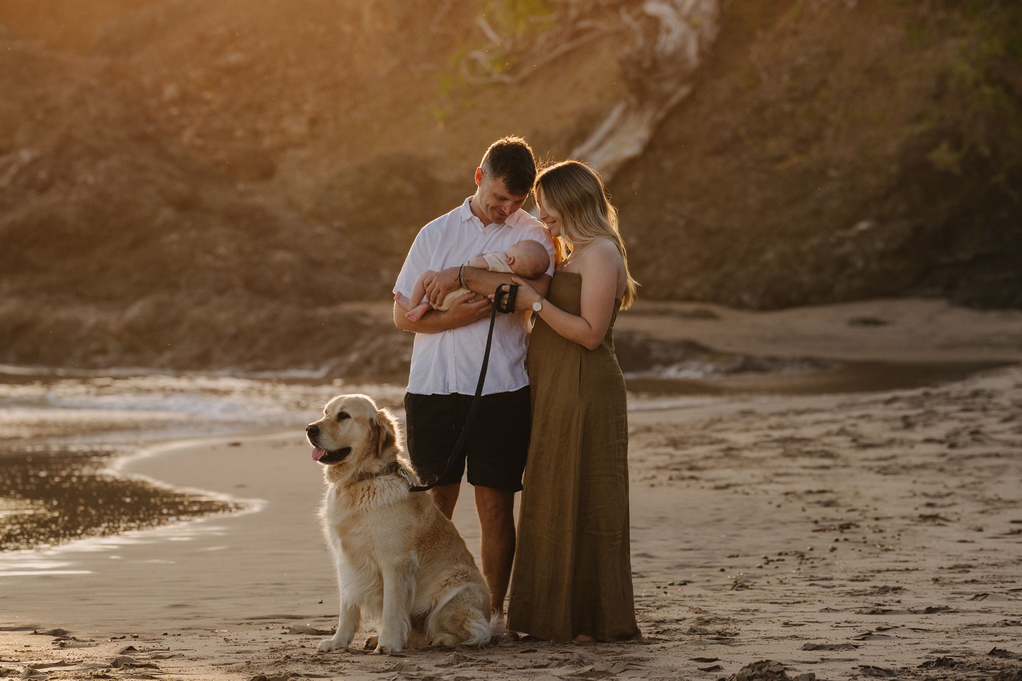 A couple holding their newborn on the beach at sunset with their golden retriever