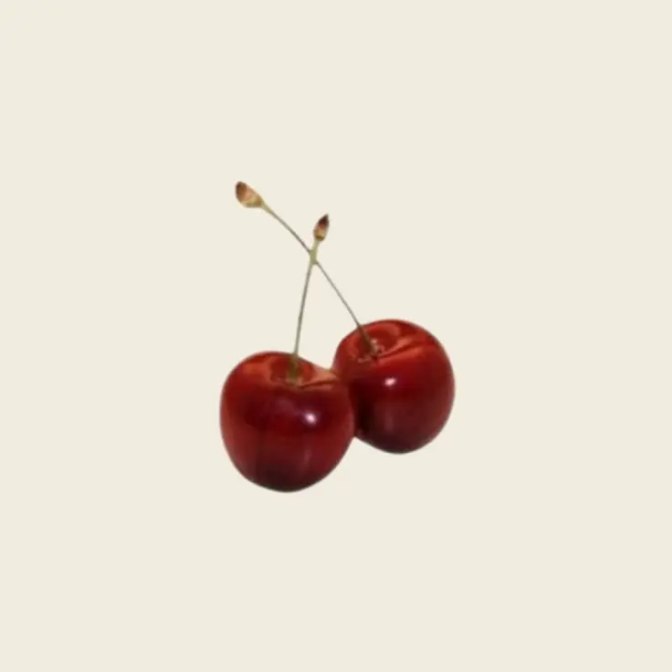 Two shiny red cherries with stems against a light beige background.