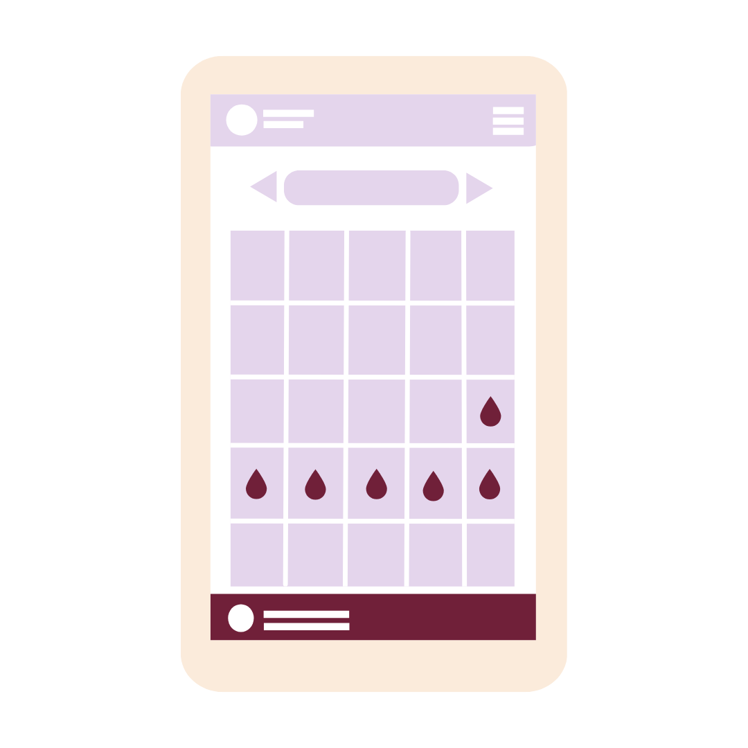 Fertility tracking app on smartphone displaying a monthly calendar with blood drop icons marking menstruation days.
