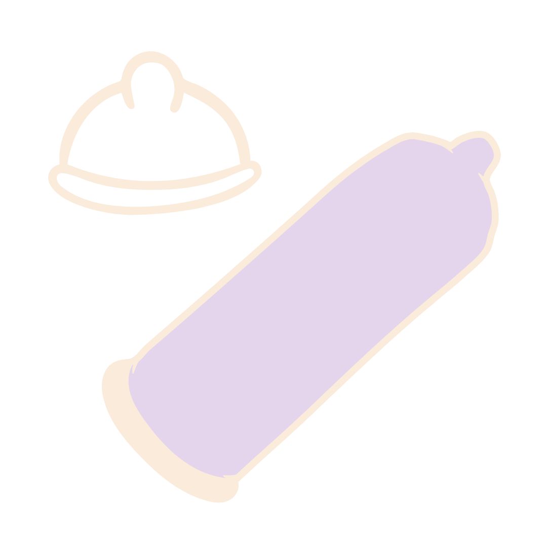 Illustration of an unrolled lavender condom beside a simple outline of a condom in its wrapper.