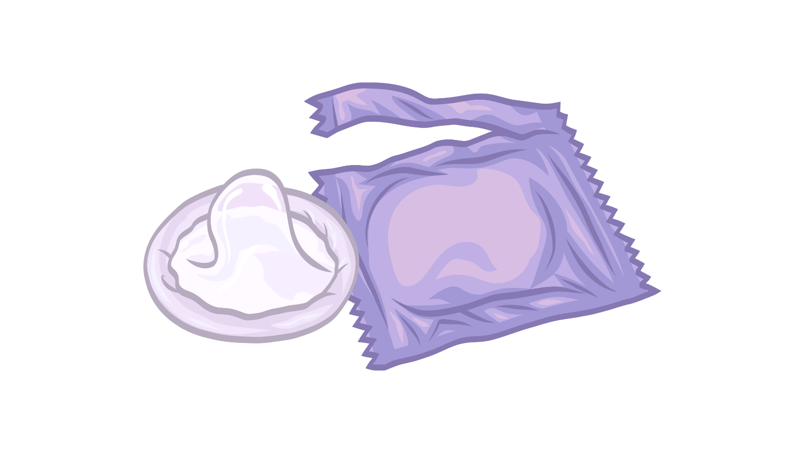 Illustration of a lavender-colored condom and its matching wrapper.