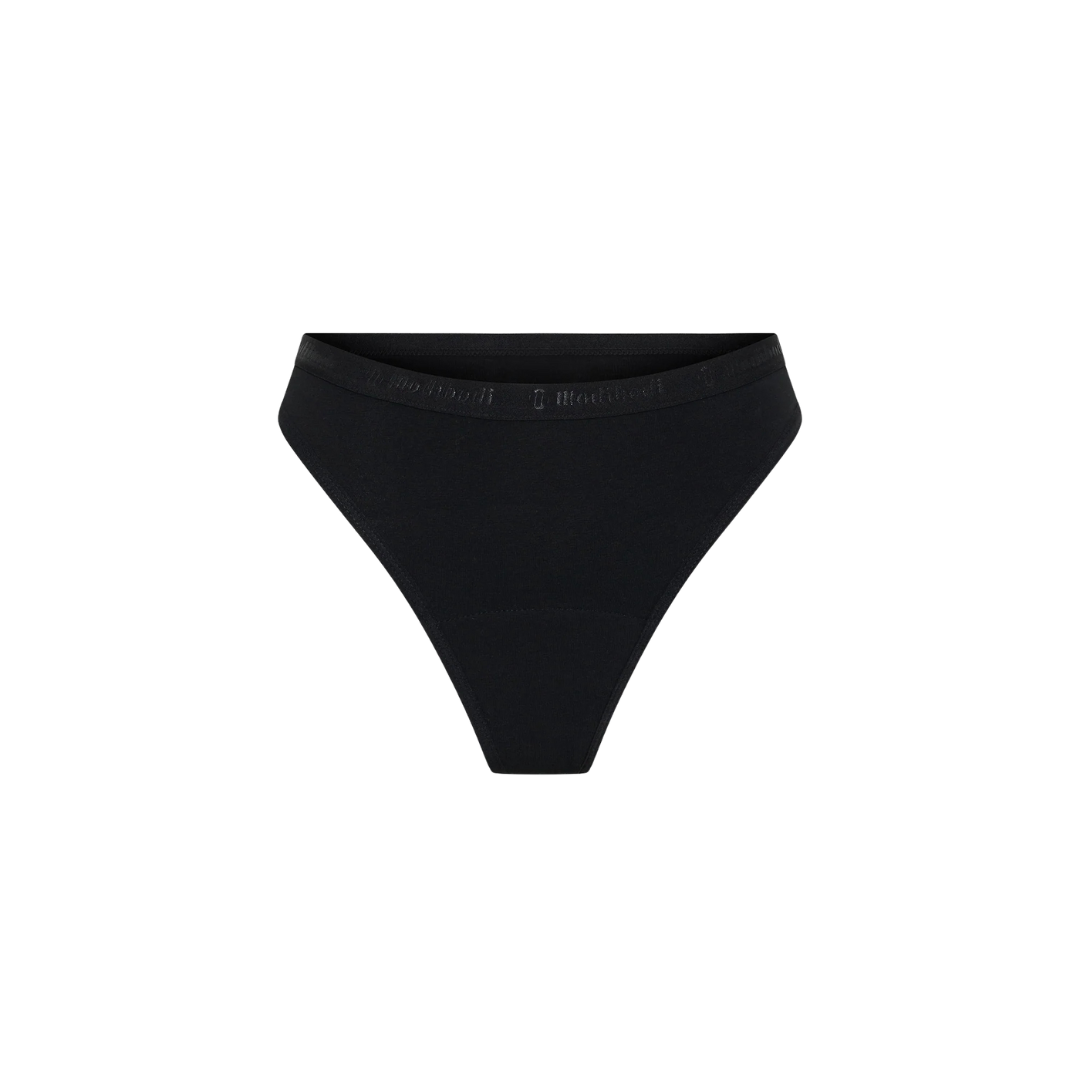 Black high-cut G string underwear with waistband featuring subtle embossed branding.
