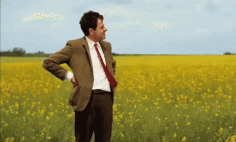 Man in a brown blazer and red tie standing with hands on hips in a yellow flower field, looking to the side.