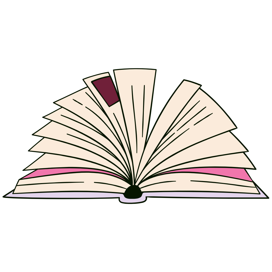 Illustration of an open book with cream-colored pages and a red bookmark.