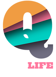QLife logo with stylized letters in orange, pink, teal, and gray colors.