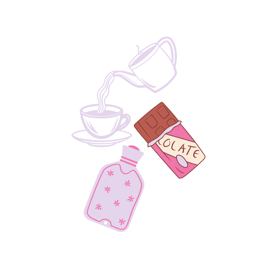 Illustration of a teapot pouring tea into a teacup, a chocolate bar partially unwrapped, and a pink hot water bottle with flower patterns.