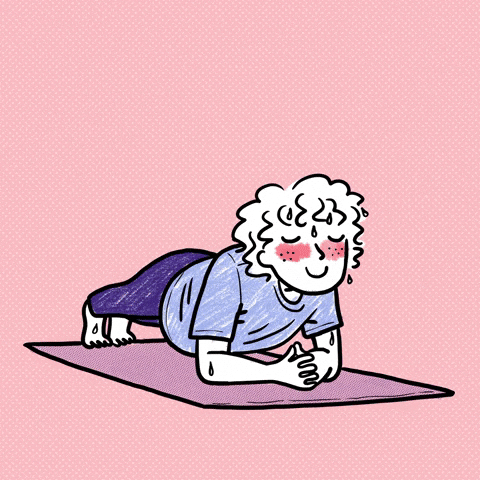 Animated person with curly hair doing a plank exercise on a purple mat against a pink background, showing effort with sweat drops and flushed cheeks.
