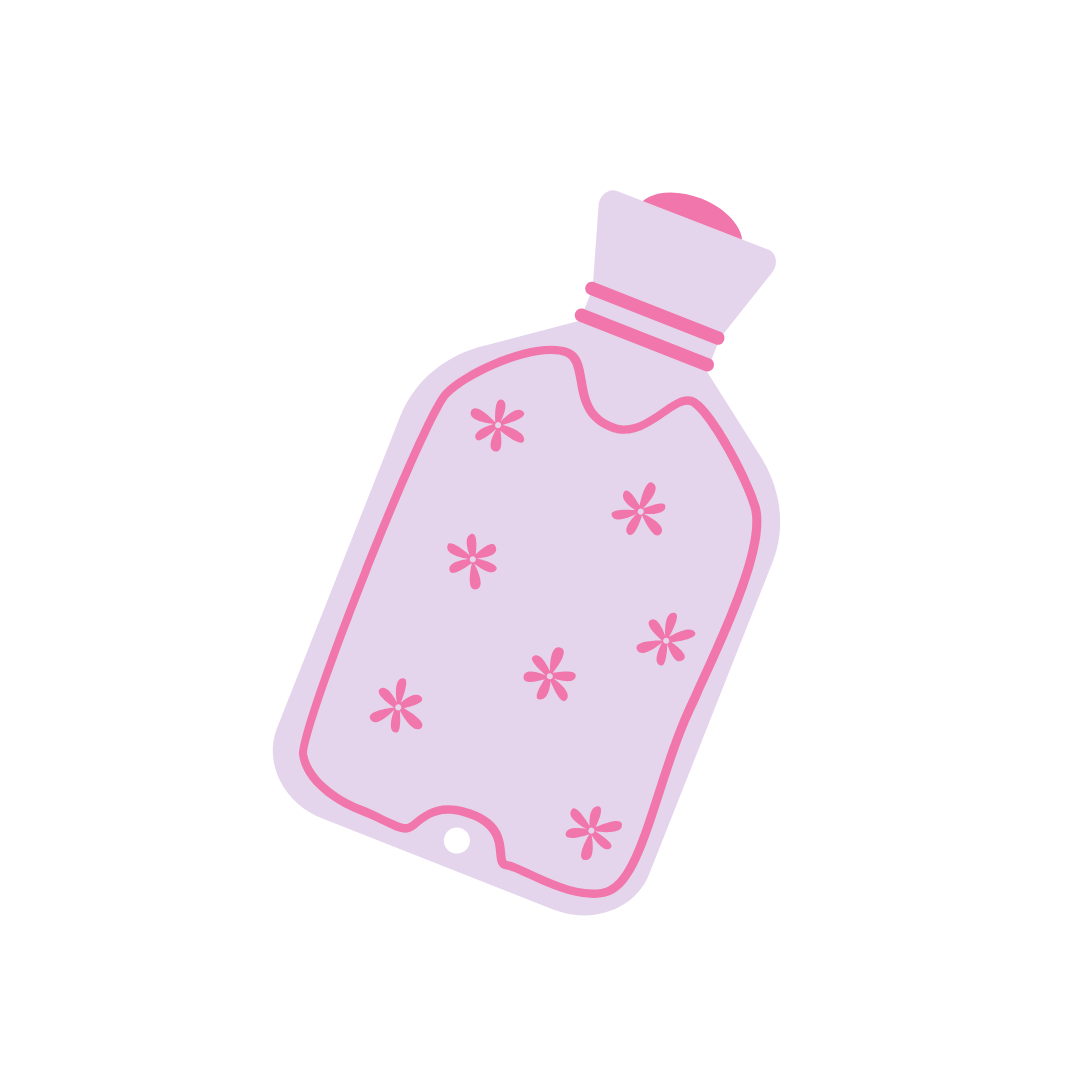 Illustration of a light purple hot water bottle with pink floral patterns and a pink cap.