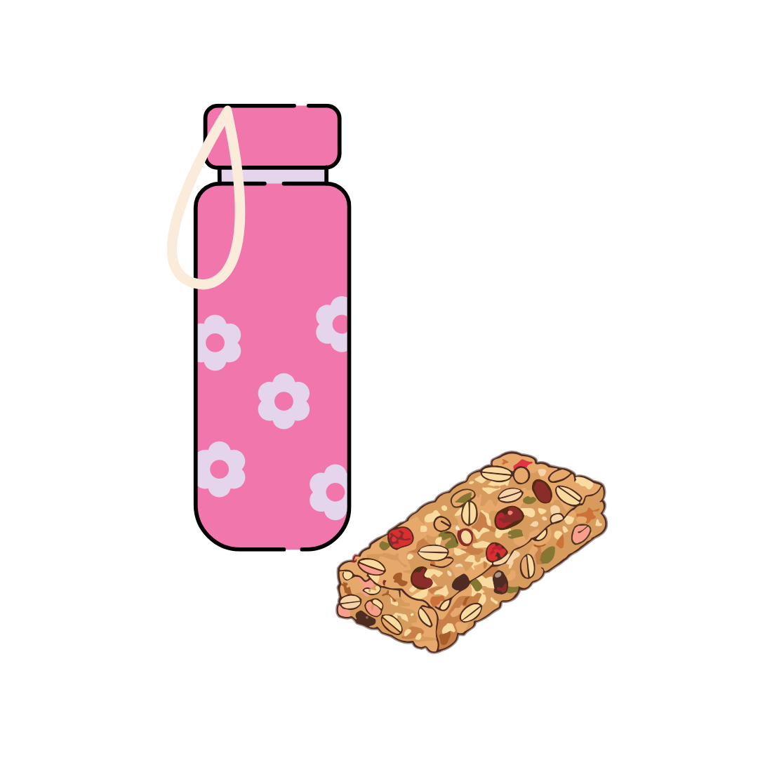 Pink water bottle with white flower patterns next to a granola bar with visible nuts and dried fruits.