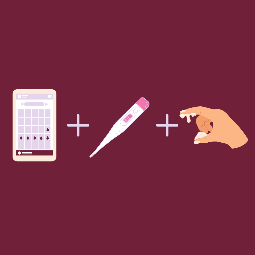 Graphic showing a menstrual tracking app, a digital thermometer, and a hand holding cervical mucus, representing fertility awareness methods.