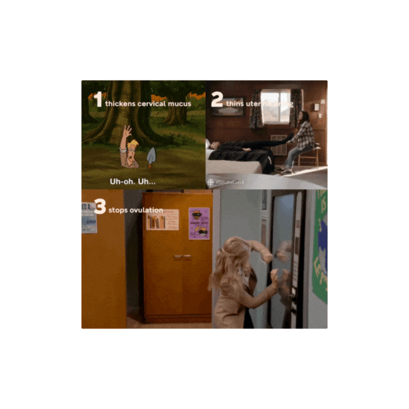 Three-panel GIF illustrating birth control effects: 1) cartoon shows thickened cervical mucus, 2) woman sitting while man lies on bed indicating thinning uterine lining, 3) woman angrily hitting a locker representing ovulation stopping.