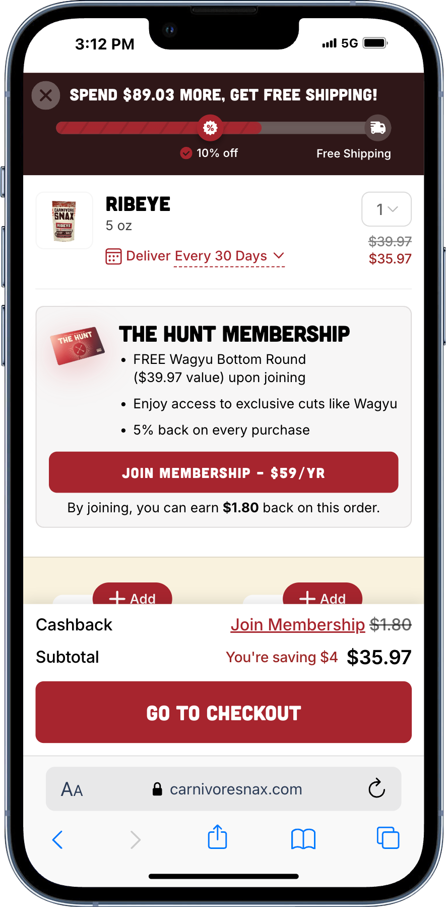 Carnivore Snax free shipping progression bar in the cart drawer
