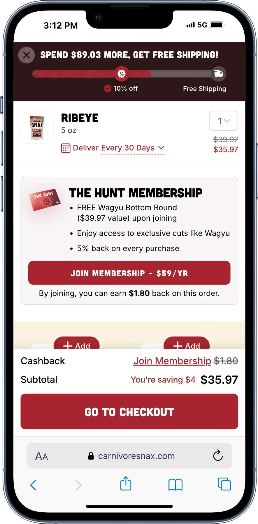 Carnivore Snax free shipping progression bar in the cart drawer