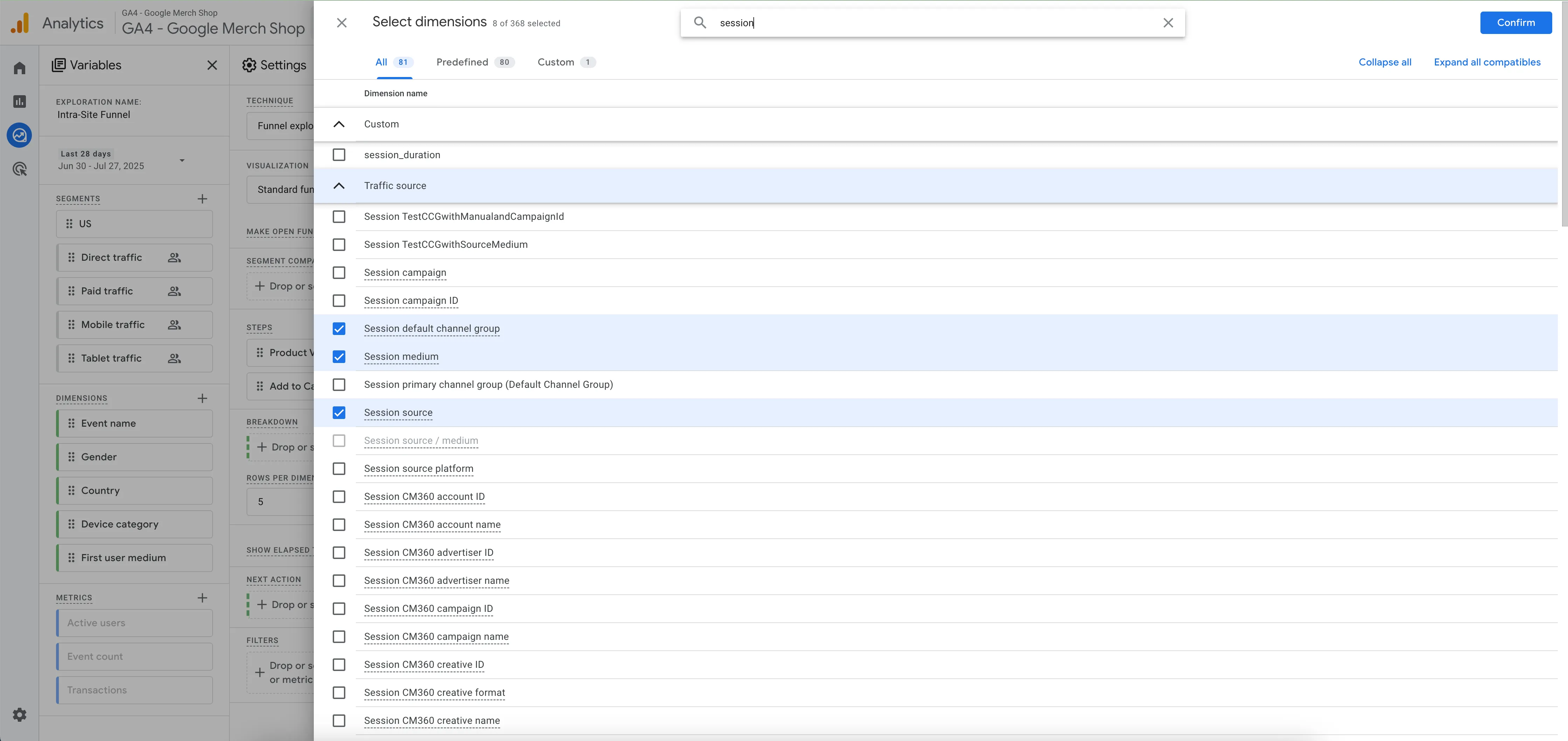 GA4 Funnel exploration adding dimensions to the report