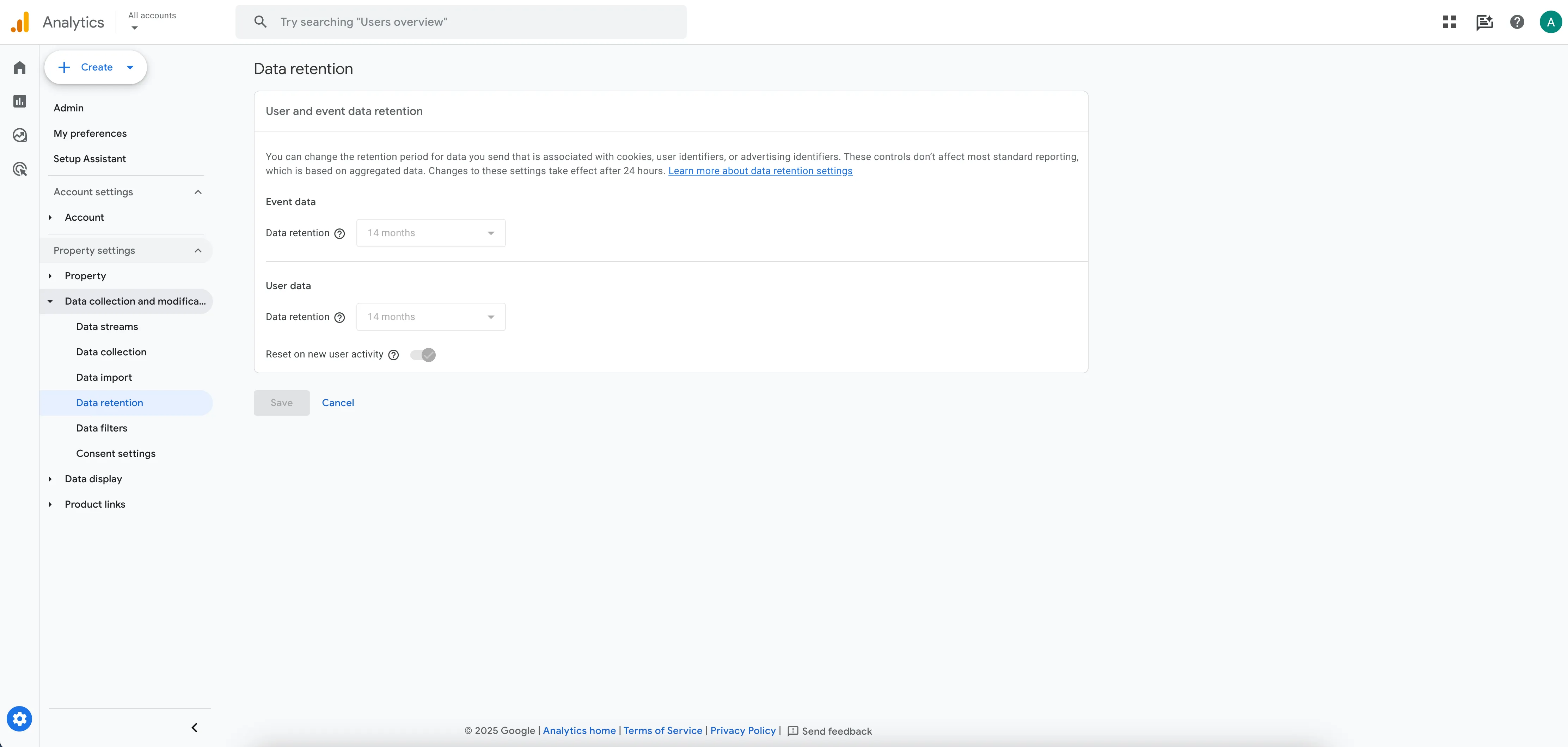GA4 Data retention settings page
