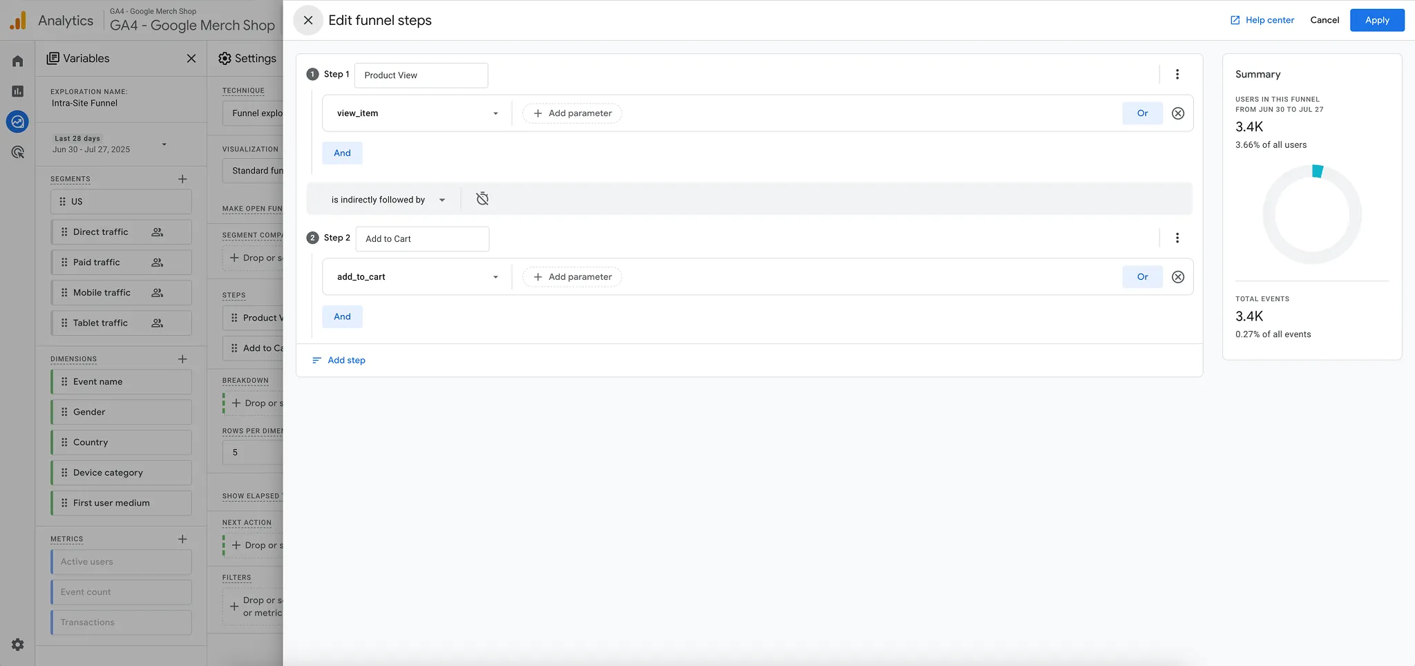 GA4 Intra-Site Funnel report editing funnel steps